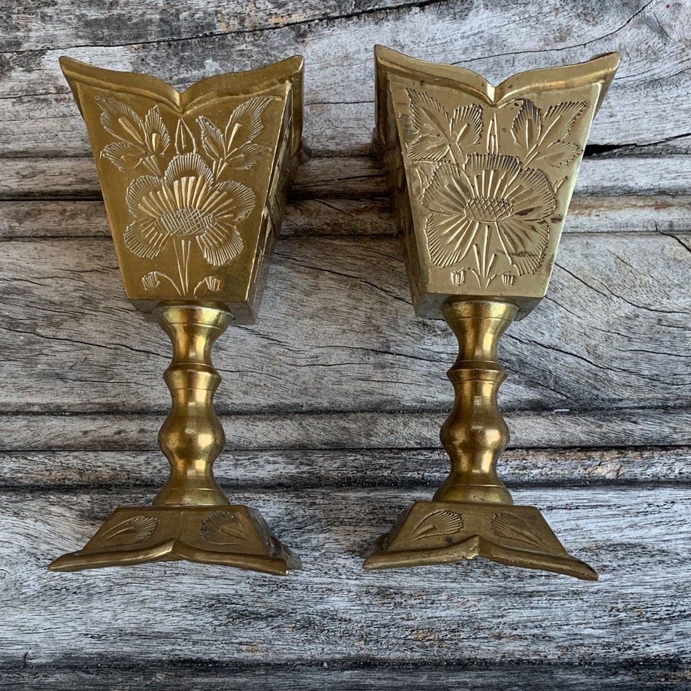 Vintage Brass Floral Saudi Arabian Candle Holders or Decorative Piece